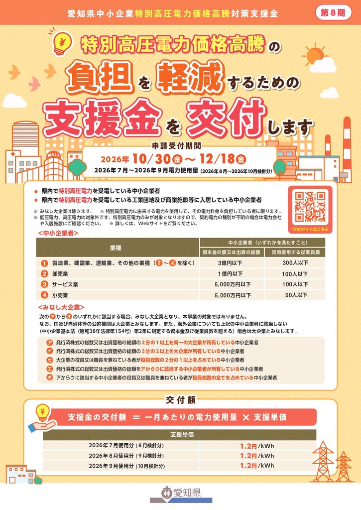 令和8年度 愛知県中小企業特別高圧電力価格高騰対策支援金（第8期）のご案内